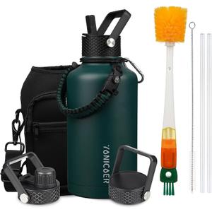 Insulated Water Bottle 64oz,Triple Wall Vacuum Stainless Steel(Dishwasher Safe),Leak Proof & Non-BPA,Flask Jug with Paracord Handle & Straw Spout Lids Sports Green