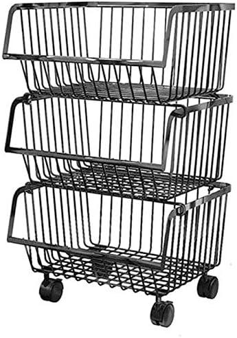 Metal Rolling Stackable Wire Baskets with Wheels Multi Purpose Storage Cart for Kitchen Bathroom Living Room Bedroom Space Saving Organizer Basket (3-tier, Black)