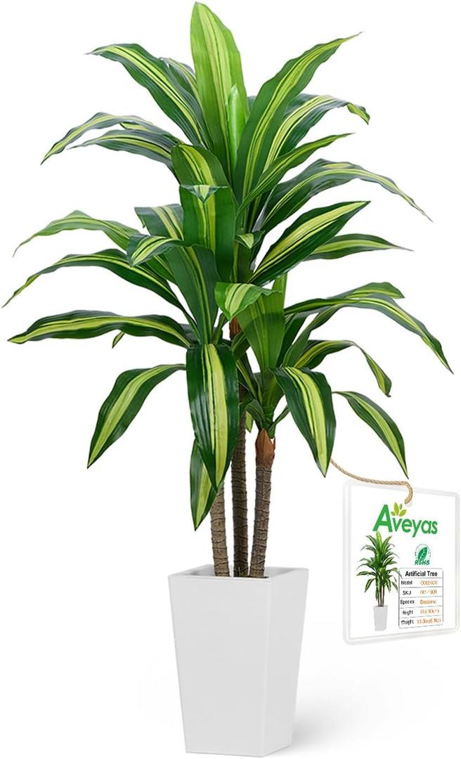 Aveyas 4ft Artificial Dracaena Tree for Home Decor, 4 Feet Real Touch Large Faux Plant Fake Silk Floor Trees with Pot for Indoor Outdoor House Living Room Office (4 ft Tall Including Raised Pot)