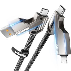 [Upgraded] 4-in-1 USB C Cable 60W 5FT Lightning Cable Fast Charging Flat Nylon Braided for iPhone iPad Charger Cord [480Mbps Data Sync] Multi Charge Wire Combo with Lightning/Type C/USB A Port