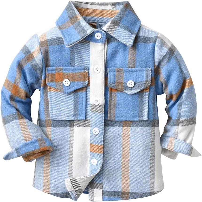 IMEKIS Toddler Kids Flannel Shirt Jacket Plaid Long Sleeve Lapel Button Down Shacket Baby Fall Christmas Coat for Boys Girls (4-5T, Blue)
