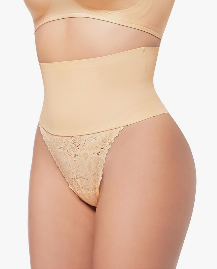 Tummy Control Thong Shapewear for Women Seamless Shapewear Thong Sexy Panty with Lace Body Shaper Underwear Beige S