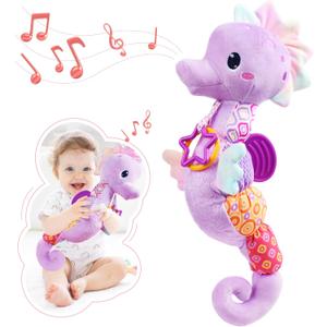 Baby Toys 0-6-12 Months,Musical Stuffed Animals Activity Soft Infant Toys with Multi-Sensory Crinkle, Rattle and Textures,Boys Newborn Baby Girl Toys, Seahorse, Purple