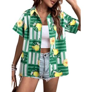 ALLTB Hawaiian Shirts for Women Tropical Floral Printed Hawaii Shirts Button Down V Neck Short Sleeve Blouses Tops (Small, Green-1)