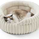 Bedsure ComfyFleece Cat Bed, Washable Round Cute Cat Beds for Indoor Cats, Super Soft Corduroy Pet Bed for Puppy and Kitten with Anti-Slip Bottom, 23''x23''x8.5'', Cream