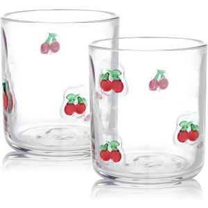 2 Pack Icon Juice Glass, Old Fashioned Transparent Cup Heat & Cold Resistant Coffee Cup with Heavy Base, Cute Cocktail Glass Drinking Mug 14 oz, Unique Design for Birthday Gift (Cherry)