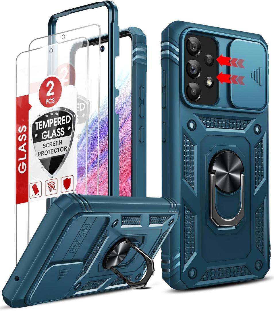 LeYi Compatible for Samsung Galaxy A53 5G Case: A53 5G Phone Case with Slide Camera Cover + [2 Pack] Tempered Glass Screen Protector, Full Body Shockproof Case with Kickstand for Galaxy A53 5G, Blue