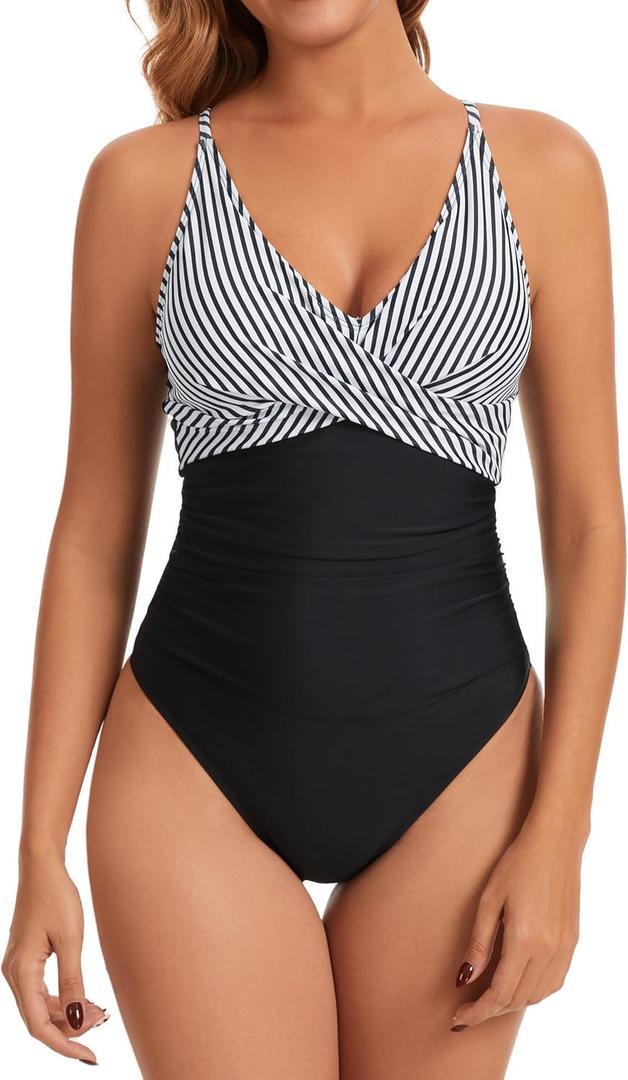 Womens One Piece Swimsuits Tummy Control Bathing Suit Slimming V Neck Front Cross Ruched Swimwear (Black)