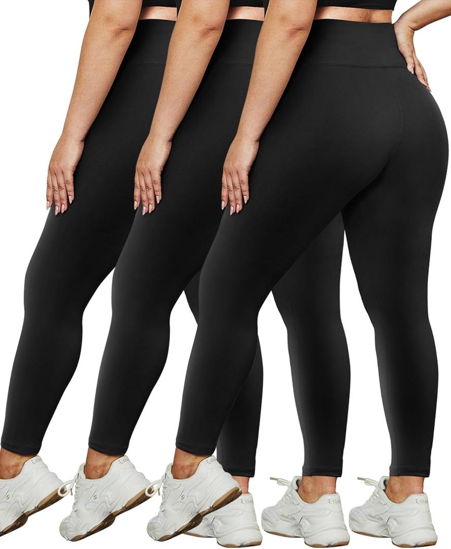 HLTPRO 3 Pack Plus Size Leggings for Women(2X-Large)- High Waist Stretchy Soft Pants for Workout Running Yoga (Black/ Black/ Black)