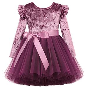 Flofallzique Toddler Party Dress Long Sleeve Velvet Tulle Girls Princess Dresses for (3T,Plum)