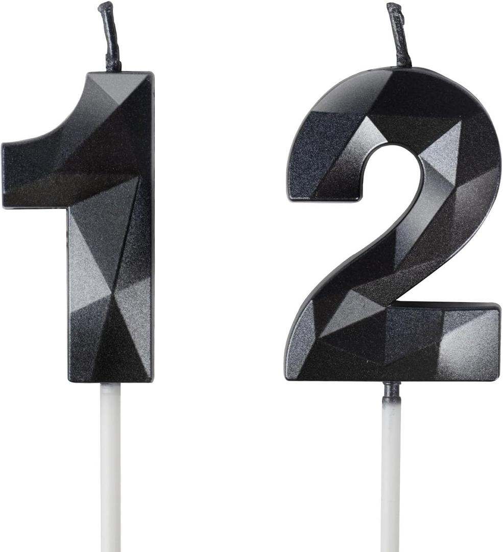Number 12 Candles,12th Birthday Candles,Black Happy Birthday Candle for Cake,3D Design Cake Topper Decorations for Boy Men Pet Birthday Party Wedding Anniversary Celebration Supplies