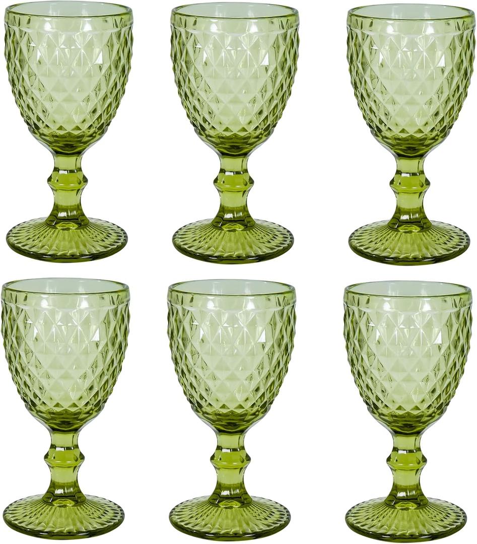 Vintage Wine Glasses Set of 6, 12 OZ Colored Glass Water Goblets, Embossed Floral Decorative Crystal Glass Cups Set, Dishwasher Safe, for Wedding, Party, Red Wine Glass, Bars, Restaurants