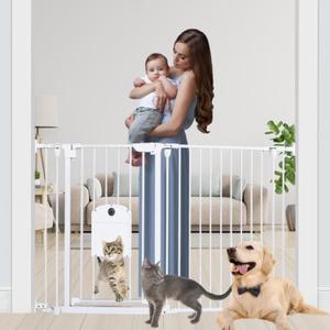 57.48" Extra Wide Baby Gate with Cat Door, Auto Close Pet Gates Dog Gate, Hardware Mounted Walk Through Swing Safety Baby Gates for Stairs, Doorways, Kitchen, House, 30" Tall, 2 Panels (29.14-57.48in Wide, White)