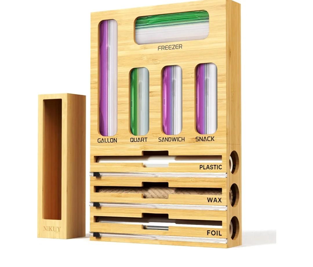 9 IN 1 Bamboo Foil and Plastic Wrap Organizer for Kitchen Drawer, Plastic Bag Organizer Organization and Storage, Food Storage Bag Organizer with Labels for Quart Gallon Snack Sandwich Bag