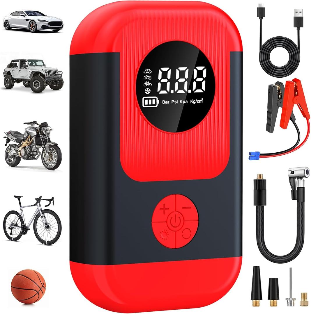 ApexNexus Tire Inflator Portable Air Compressor & Car Jump Starter, Cordless Air Pump with LED Light & Pressure Gauge for Auto,Motorcycles,Bikes,Balls. (Red)