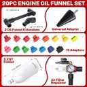 BILITOOLS 20-Piece Oil Funnel Kit for Engine Oil Change, 2.2 QT Automotive Funnel Set with 15 Adapters & Air Filter Regulator, One-Hand Operation, Compatible with GM, VW, Ford, BMW, Audi and More