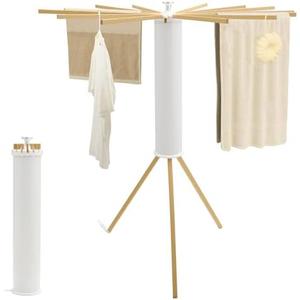 Kroias Tripod Clothes Drying Rack Wooden Drying Rack, Laundry Drying Rack Space Saving Foldable Clothing Rack, Portable Floor Folding Clothes Hanger with 16 Expandable Drying Rods