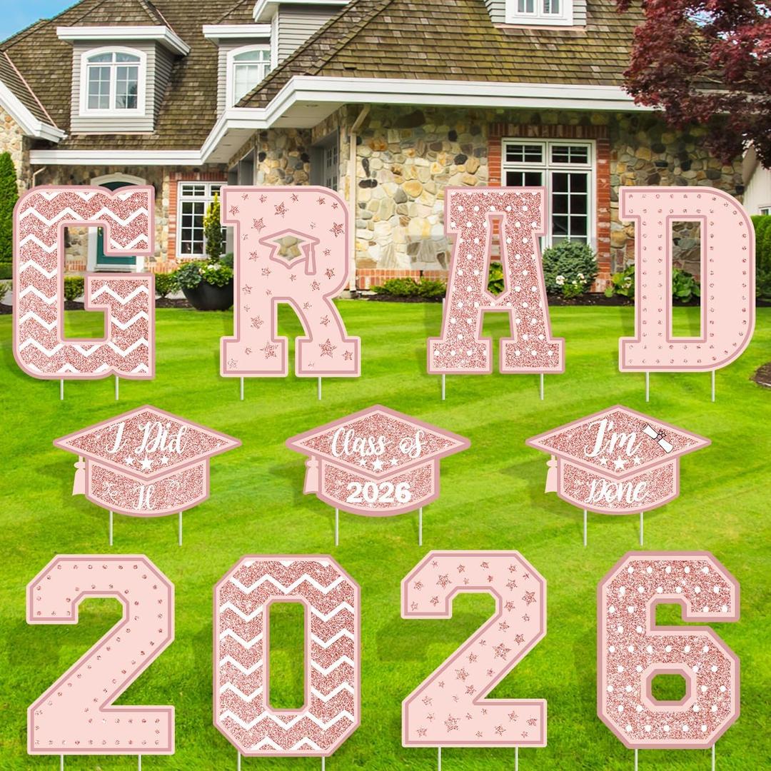 11 PCS Graduation Yard Signs Party Decoration Class of 2026 Pink Grad Congratulate Graduation Lawn Signs with 22 Stakes for Outdoor Graduation Party Supplies (Pink Gold)