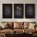 3 Piece Framed Moody Floral Wall Art for Living Room, Large Dark Black Vintage Botanical Canvas Artwork for Walls, Retro Flower Picture Prints Paintings for Kitchen Hallway Wall Decor, 24x36 Inch, 24W" x 36H"x3Pcs