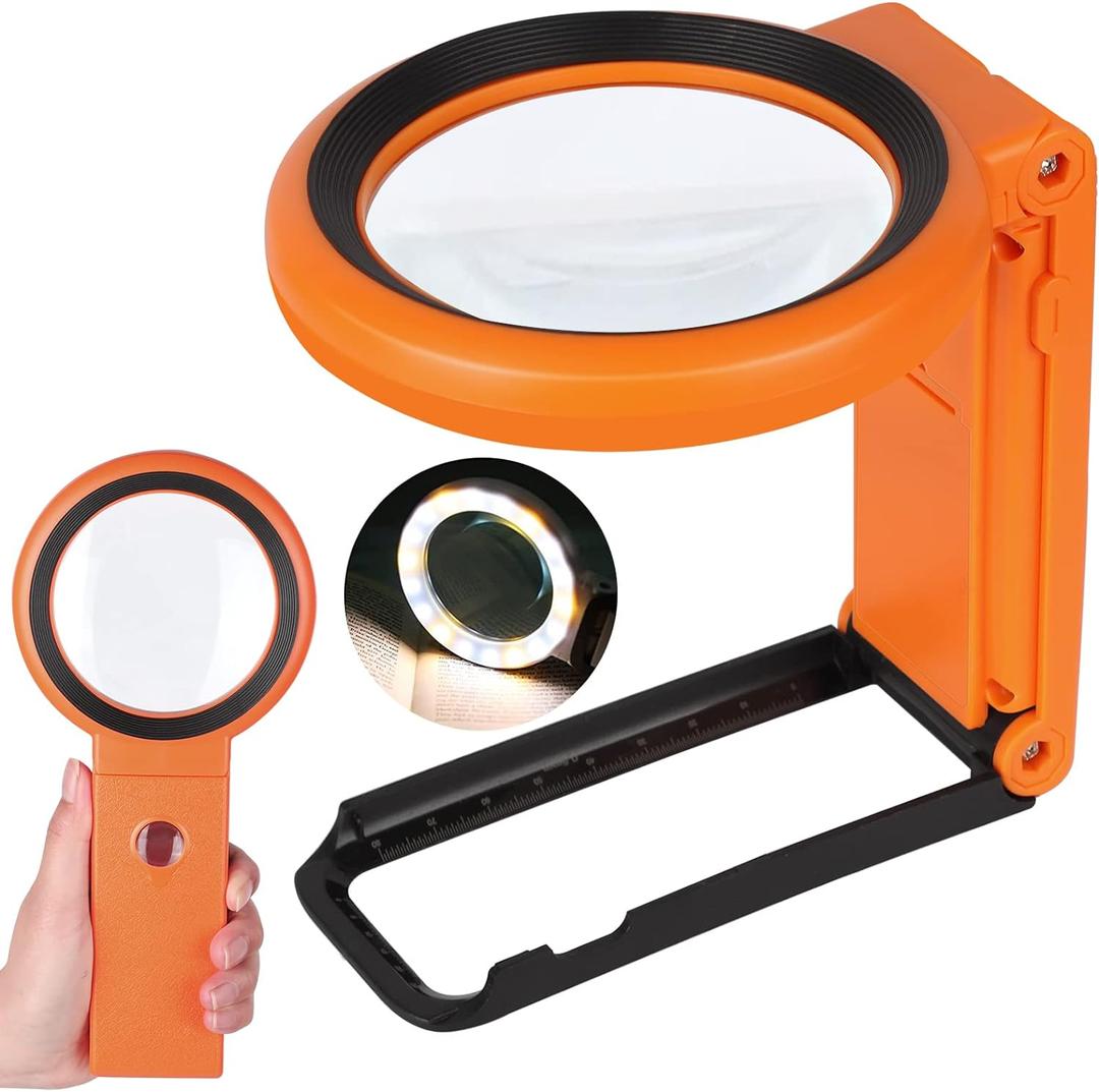 30X 40X Magnifying Glass with Light and Stand, Foldable Handheld Magnifying Glass 18 LED Illuminated Lighted Magnifier for Macular Degeneration, Seniors Reading, Close Work, Coins, Jewelry (Orange)