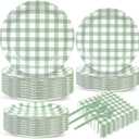 200 Pcs Sage Green Gingham Tableware Set Green And White Checkered Party Supplies Disposable Plaid Paper Plates Napkins Dinnerware Set Girls Barbecue Picnic BBQ Birthday Decoration Serve 50 Guest