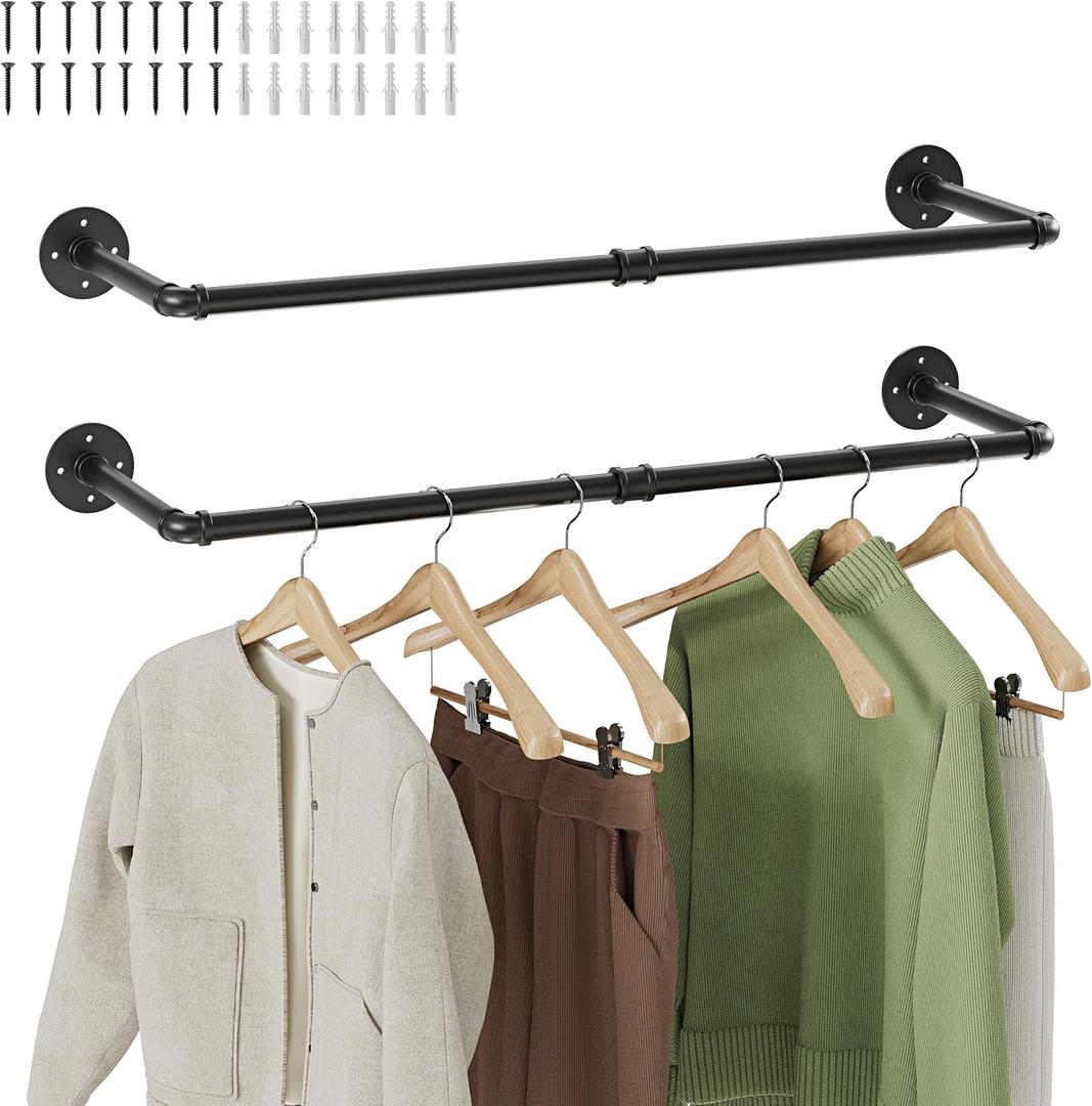 Wall Mounted Clothes Rack 2 Pack, Industrial Pipe Clothing Rack 28 Inch Black, Wall Clothes Hanger for Bedroom, Cloakroom, Closet, Hallway, Boutique Display, Drying Racks Wall-Mount for Laundry