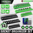 Magnetic Socket Organizer Set, 6-piece 1/4", 3/8", 1/2" SAE & Metric Sockets Holder, Drive Socket Trays, Storage Tool Box, Holding 143 Slots, Soft Rubber Covering Black Green Tools
