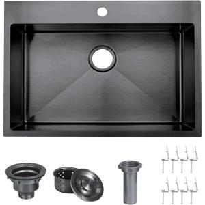 28 Inch Black Drop In Kitchen Sink, 28x18 Inch Gunmetal Black Top Mount Stainless Steel Handmade 9 Inch Deep Single Bowl Basin with Drain Strainer
