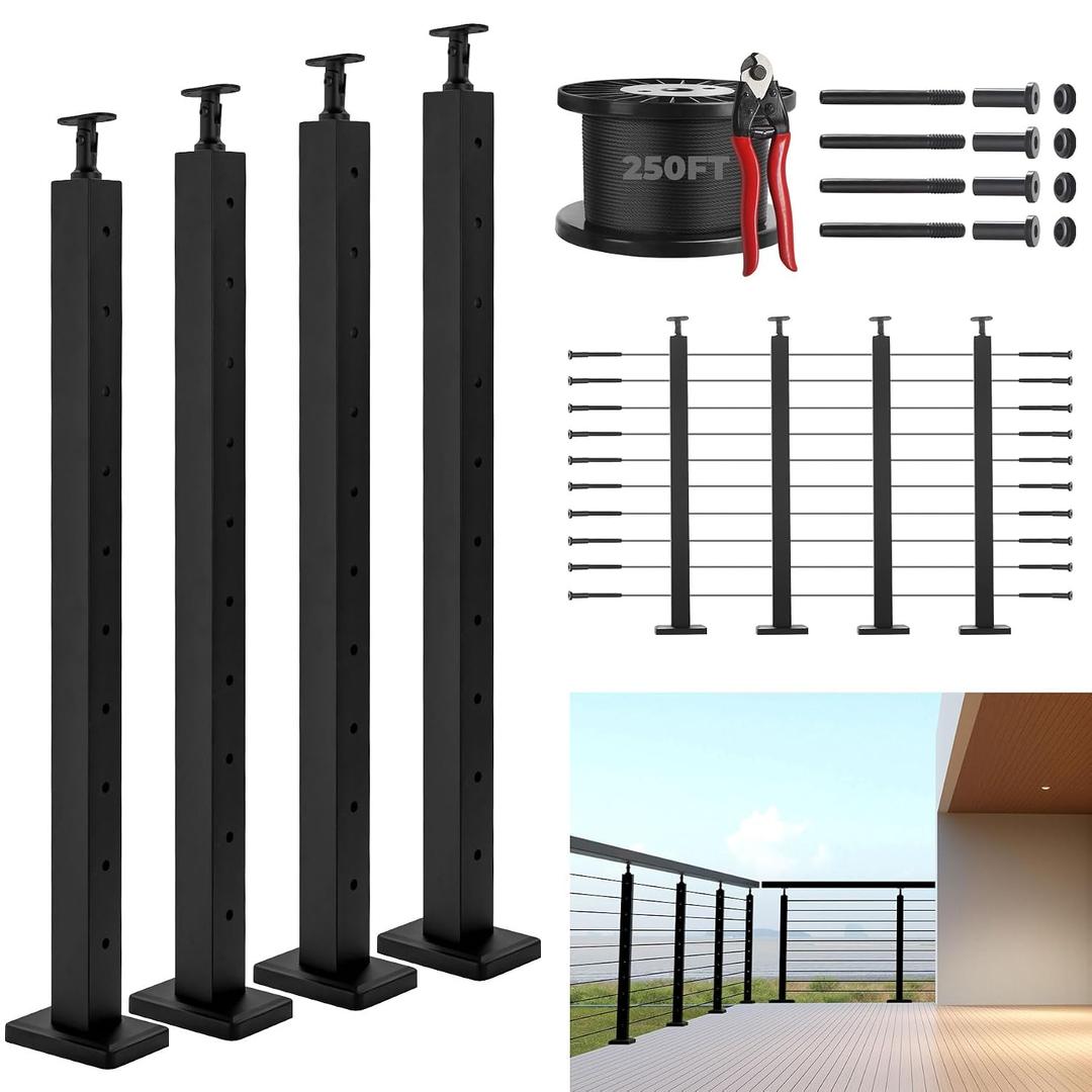 36" Cable Railing Post Kit DIY Cable Railing System Kit | with 4 Pack Stainless Steel Level Drilled Deck Railing Posts, 250FT 1/8" Cable Wire Rope, 20 Terminals & 88 Grommets