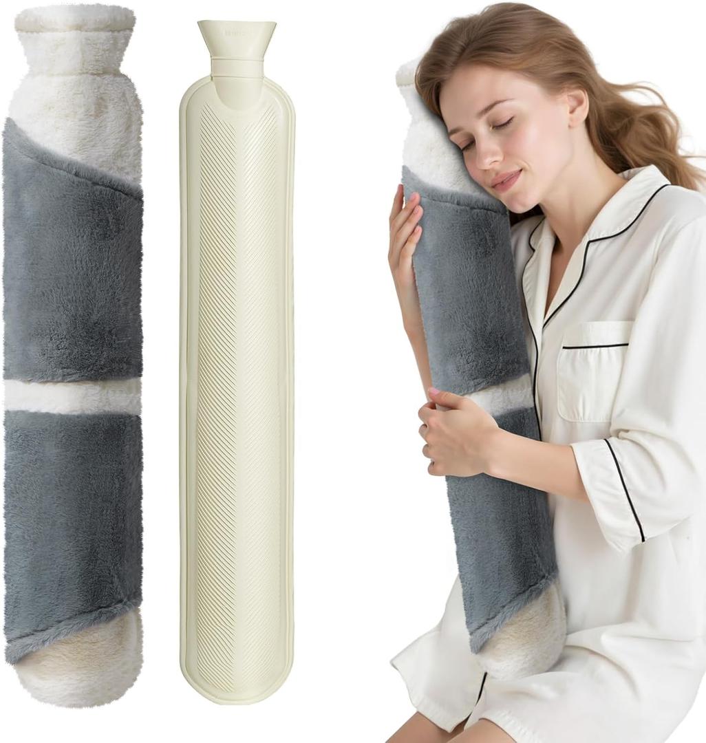 Hot Water Bottle with Cover, 2L Rubber Hot Water Bag with Soft Cover (2 Liter), for Cramps, Compress Pain Relief, Removable Hot Cold Pack (Extended-Elegant White+Gray)