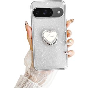 for Google Pixel 9 Case,Clear Cute Glitter Bling 3-Layer Sparkle Protective Case with Ring Pretty Kickstand, Women Girls Girly Phone Case for Pixel 9 (Silver)