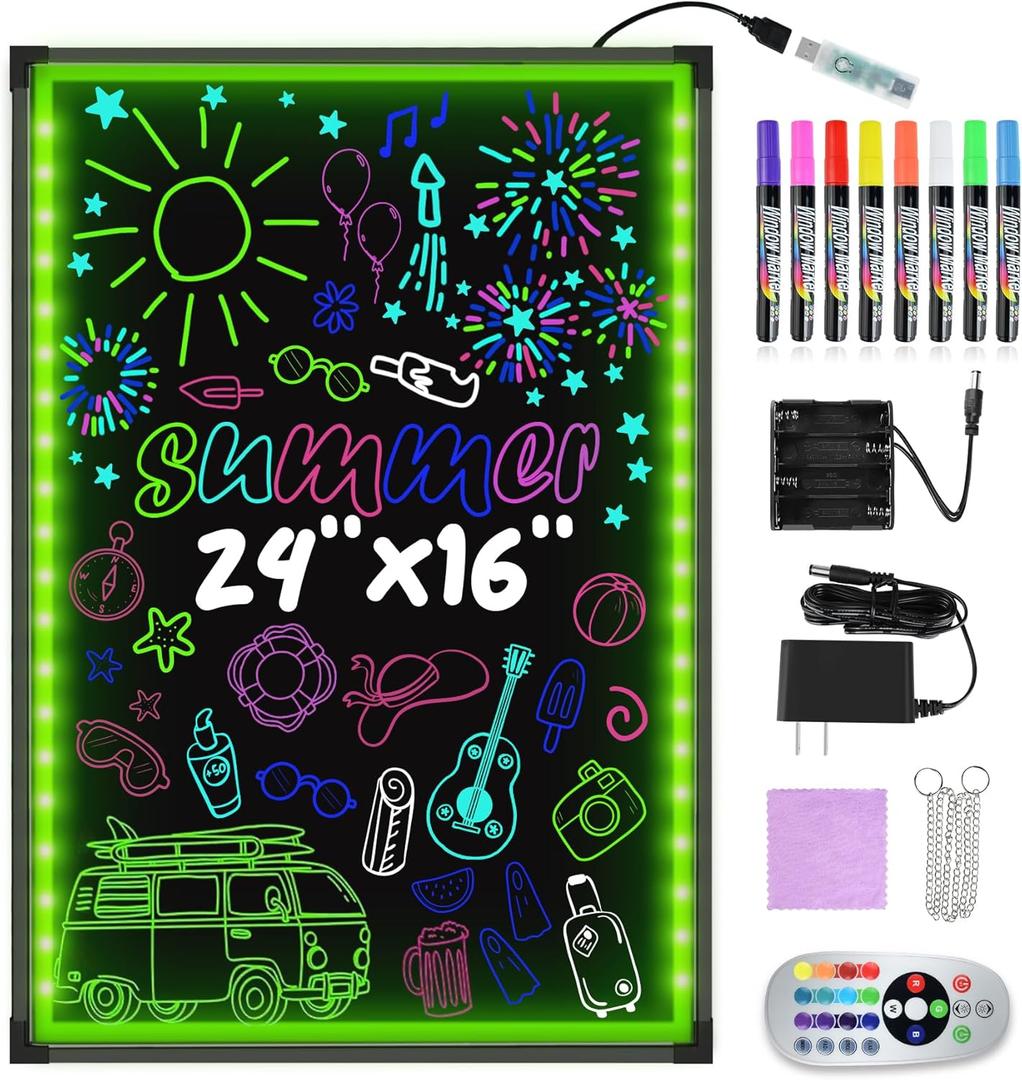 Hosim LED Message Writing Board, 24" x 16" Illuminated Erasable Neon Effect Restaurant Menu Sign with 8 Colors Markers, 7 Colors Flashing Mode DIY Message Chalkboard for Kitchen Wedding Promotions