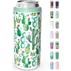 TILUCK Skinny Can Cooler for Slim Beer & Hard Seltzer, Stainless Steel, Doucle-Walled Stainless Steel Insulated Slim Cans, Standard 12 oz (Cactus)