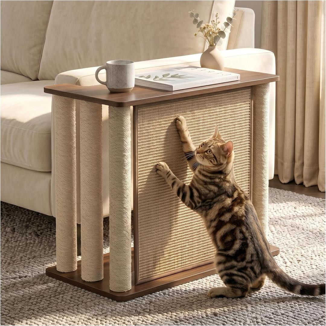 Couch Corner Cat Scratcher Side Table, Couch Protector from Cat Claws | Couch End Table with Sisal Scratching Posts & Panel, Heavy Duty Base, Sofa Corner Furniture Protector, Walnut Left, 27.7"L x 15.9"W x 24.2"H 