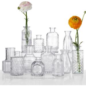 Glass Bud Vases Set of 12, Vintage Textured Clear Glass Vases, Assorted Shapes Small Flower Vases for Centerpieces, Wedding Decor, Home Table Decor, Single Flowers, Office & Gift