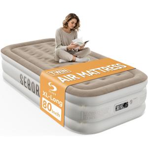 Sebor Air Mattress Twin with Built-in Pump 18", Comfortable Self-Inflating Air Mattress with High-Speed Pump, Durable Blow Up Mattress Twin with Storage Bag for Guests, Camping, Travel (Khaki White)
