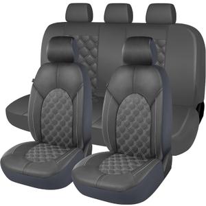 CAROMOP Luxury PU Leather Car Seat Covers Full Set-Waterproof Seat Protectors with Split Bench Seat Covers for Cars-Universal Cars Interior Covers for Sedans, SUVs, Pick-up Trucks(Gray/Gray Line)