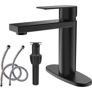 Matte Black Bathroom Faucet Single Handle Bathroom Sink Faucet Matte Black Single Hole Basin Vanity Faucet with Pop-up Drain Suitable for 1 Hole or 3 Hole, Modern One Hole Bathroom Faucet
