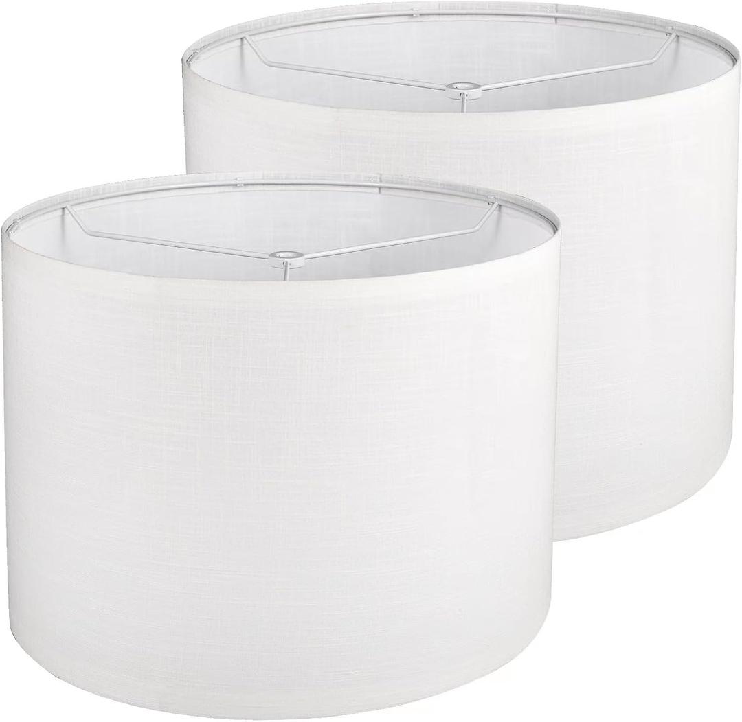Drum Lamp Shades Set of 2, White Line Lamp Shades for Table Lamps Floor Lamp, 13" Top X 13" Bottom X 10" High Large Fabric Lamp Shades, Easy Assembly Replacement Lampshades