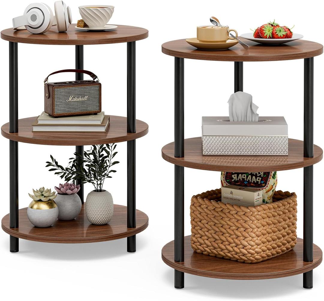 Small Round End Table - 3 Tier Design Accent Table, Narrow Side or Bedside Stand, Industrial Vintage Nightstand for Bedroom, Living Room, or Small Spaces, Set of 2, Rustic Walnut