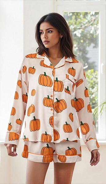 MBZJSDKHLK Women's Halloween Pajamas Set Silk Satin Ghost Pumpkin Print Long Sleeve Button Down Shirt 2 Piece Pjs Shorts Sets, L