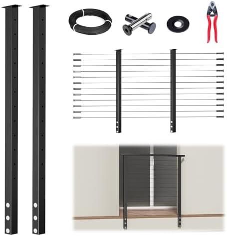 Muzata 5-10FT Modular Black Side Mount Cable Railing Kit 42 Inch 2 Level Post Kit Complete Set Cable Railing System for Decks Length Adjustable with Paper User Guide (No Handrail) RWF2 BH4L