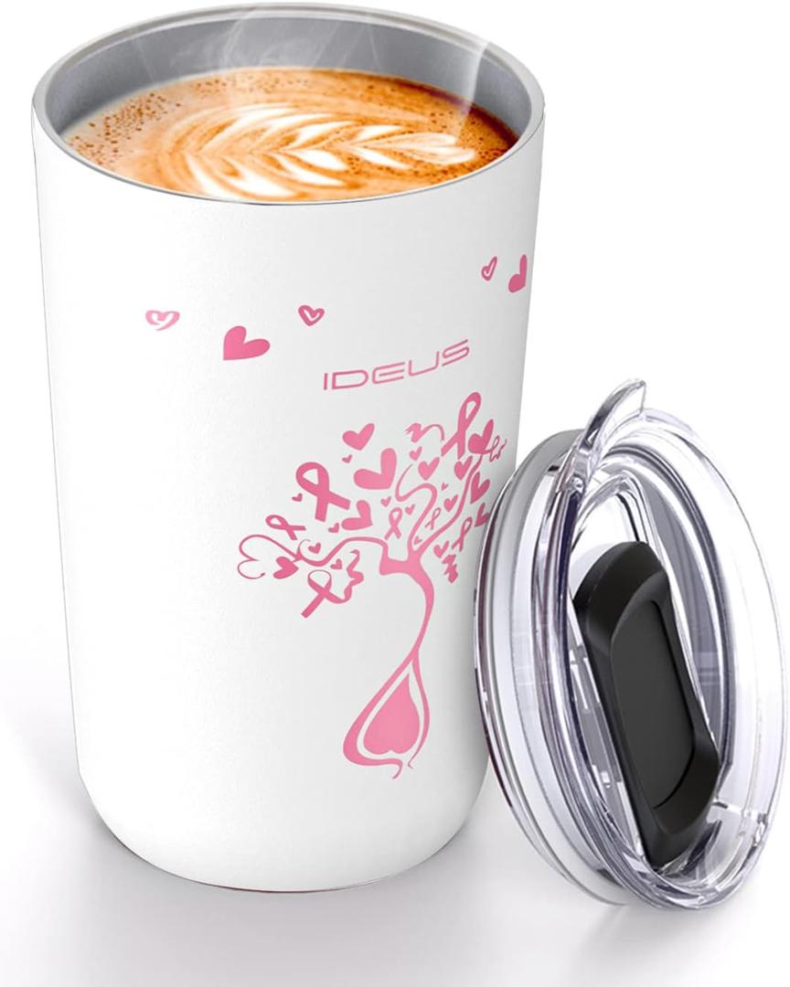 Ideus 20 oz Tumbler, Travel Coffee Mug with Splash Proof Sliding Lid, Double Wall Stainless Steel Vacuum Insulated Coffee Mug for Home and Office, Keep Beverages Hot or Cold, Pink Ribbon