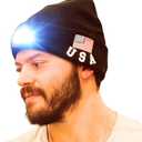 LED Beanie Hat with Rechargeable Headlight & Rear Red Light, 3 Modes, USB Charging, Warm Winter Cap with USA Logo (Black)
