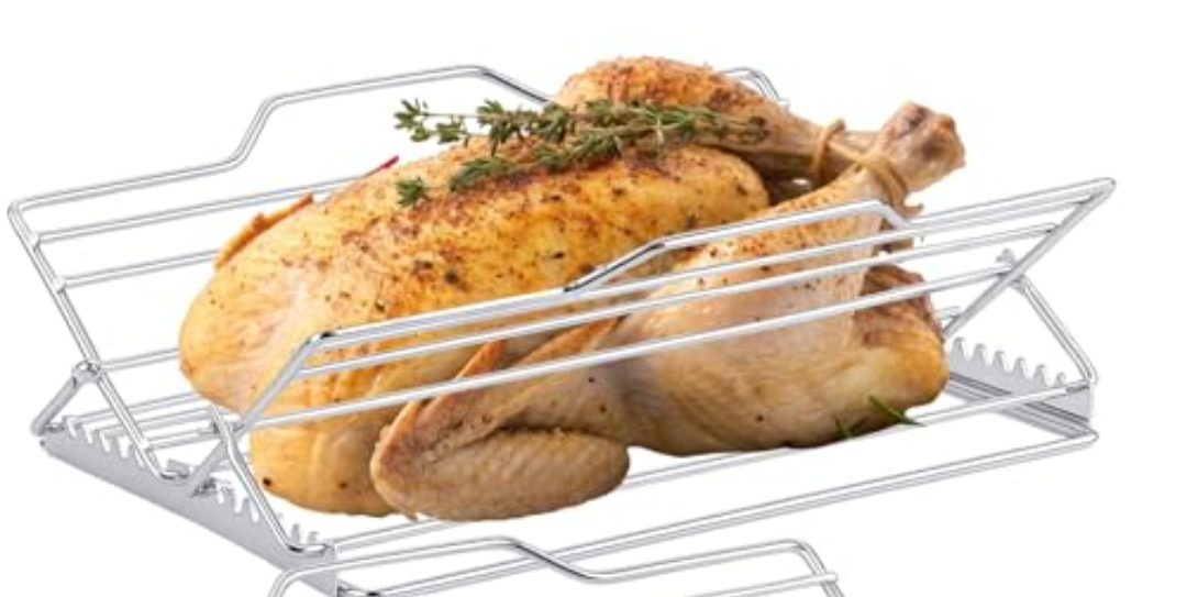 Baderke 1 Pcs Adjustable Roasting Rack Turkey Chicken Rack Stainless Steel Chicken Roasting and Cooling Stand V Shaped Turkey Stand for Smoker Grill and Oven Must-have Smoker Accessories
