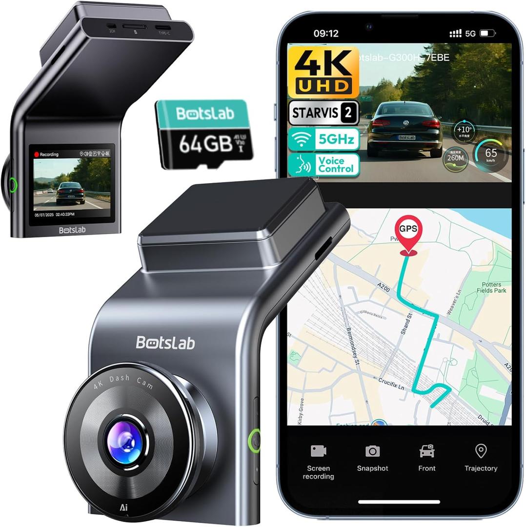 BOTSLAB 4K Dash Cam Front, STARVIS 2 Sensor, Voice Control, 64GB Card Included, 5GHz WiFi, Built in GPS, WDR Night Vision, 170Wide Angle, 24H Parking Mode (Back Camera Not Included) (G300H Plus-Front)