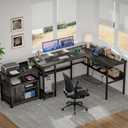 Unikito Reversible L Shaped Desk with Magic Power Outlets and USB Charging Ports, Sturdy Corner Computer Desk with Storage Shelves, Gaming Desk for Home Office, Easy to Assemble, Black Oak, Without LED Light
