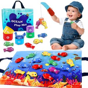 Montessori Toys for 1-2 Year Old - Cloth Ocean Fishing Game with Stacking Cups, Toddler Learning Toy for 12-18 Months, First Birthday Gifts for 1 Year Old Boy Girl, Learn Count and Sort Colors