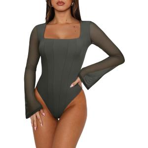 REORIA Women's Sexy Long Sleeve Square Neck Bodysuit Mesh Double Lined Going Out Tops 2025 M