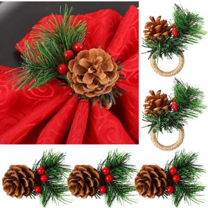 Yungyan 6 Pcs Christmas Pine Cone Napkin Rattan Ring Poinsettia Flower Holder Napkin Ring Berry Xmas Dining Table Supplies for Christmas Wedding Birthday Party Dinner Table Decoration (Vivid Style)